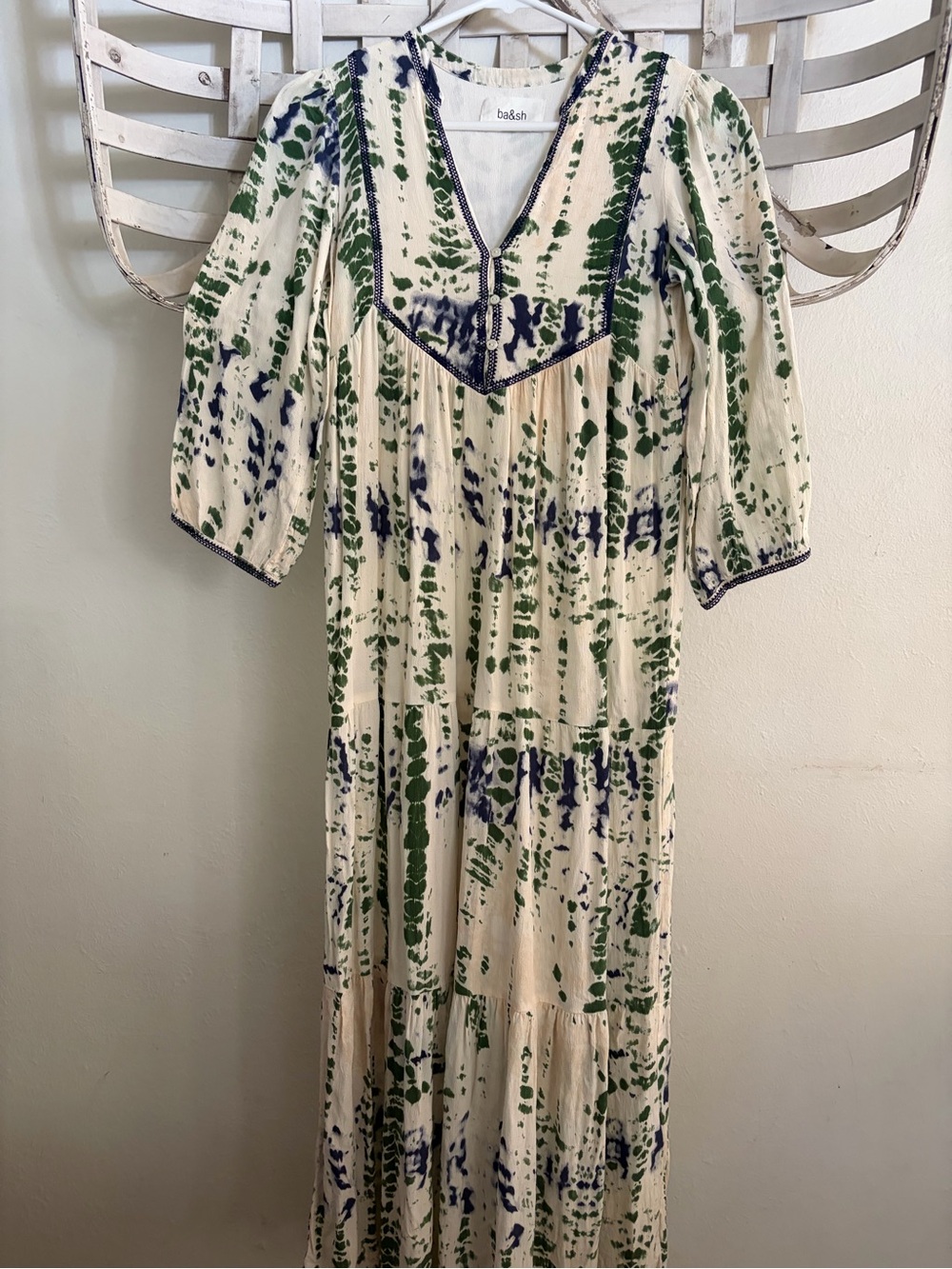 ba&sh Cream Maxi Dress with Green and Navy Print